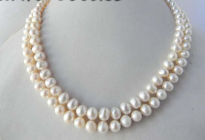 #ad 2 Rows 7 8mm Genuine White Natural Freshwater Cultured Pearl Necklaces 17 18quot; $21.59