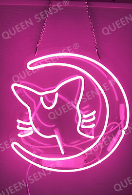 #ad Pink Cat and Moon Cartoon Neon Light Sign Man Cave Wall Decor Nightlight 10quot;x10quot; $75.00