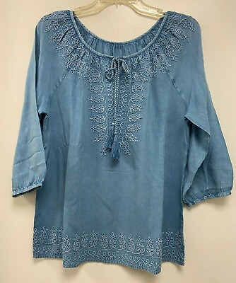 #ad Women#x27;s Embroidered Acid Wash Peasant Top $14.99