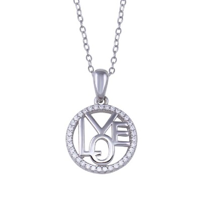 #ad Sterling Silver Necklace w LOVE CZ Stones Round Pendant $21.99