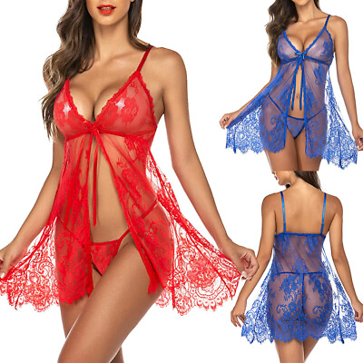 #ad Babydoll LingerieUnderwear Sexy Women#x27;s Nightwear Dress Lace Sleepwear G string $12.64