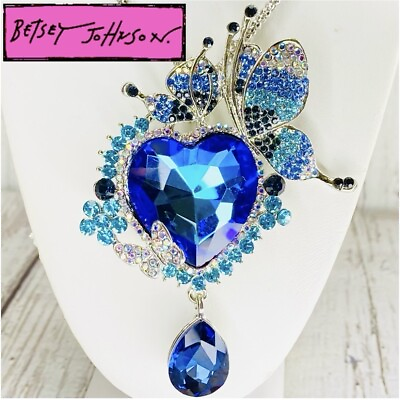 #ad Betsey Johnson Blue Crystal Rhinestone Heart Butterfly Flower Pendant Necklace $24.95
