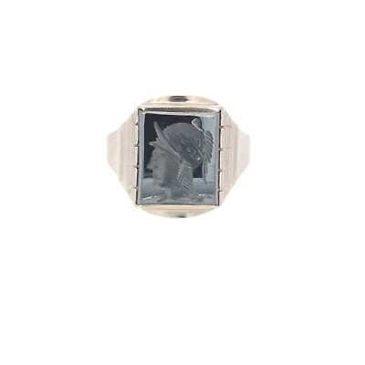 #ad 10K Carved Hematite Intaglio Vintage Men#x27;s Squared Ring White Gold *03 $377.96
