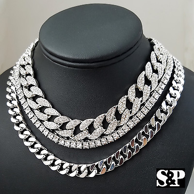 #ad Hip Hop Silver Plated Alloy 20quot; Cuban amp; Iced Cuban amp; 1 ROW Cubic Zirconia Chain $15.99