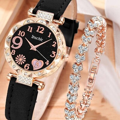 #ad Watch Gift Set For Women Ladies Girls Jewellery Black WATCH BRACELET Rhinestone GBP 6.99