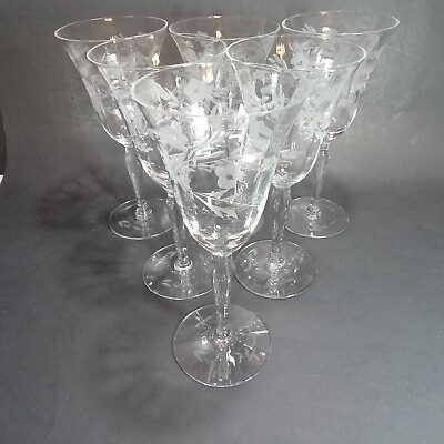 #ad Floral Etched Water Wine Goblet Set of 6 Glasses Ribbed Optic 7.5quot; Tall $39.99
