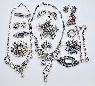 #ad vintage jewelry lot Silvertone Rhinestone Glass All Sparkling amp; NICE 15 pieces $45.00