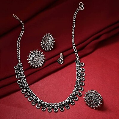#ad #ad Oxidized Silver Plated Necklace with earrings Ring Nose pin Jewelry set $17.99