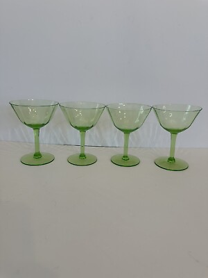 #ad 4 Vintage Green Depression Glass Martini Cocktail Glasses Vaseline Uranium $50.49