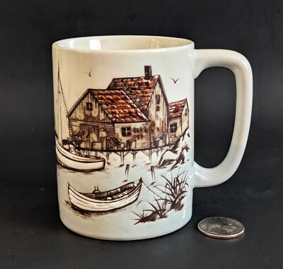 #ad Vintage Otagiri Sailboats Wharf Dock Seagulls Nautical Coffee Mugs $10.00