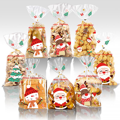 #ad 50X Cellophane Bags Christmas Snowman Santa Claus Candy Snacks Cookie Bag Sweets $5.79