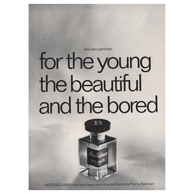 #ad 1968 Miss Balmain Perfume: Young Beautiful and Bored Vintage Print Ad $7.75