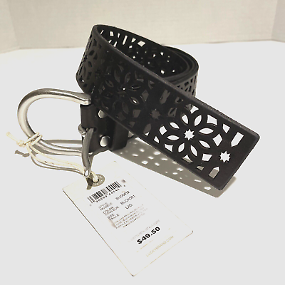 #ad Lucky Brand Womens Leather Belt Size L Boho Silver Buckle Floral Lazer Cut Black $19.88