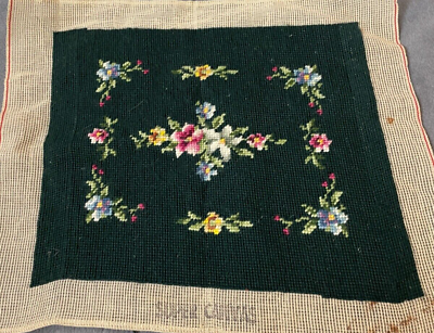 #ad VTG Needlepoint Completed 12 X 14 Black Bkgd Floral With Border Handmade $29.87