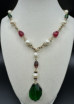 #ad Carolee Gold Tone Y Drop Necklace Green Pendant Red Faceted Stone Faux Pearl $38.00