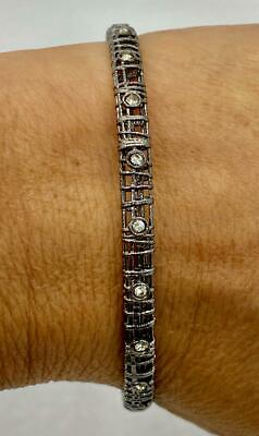 #ad Italian Silver Sterling Crystal Open Work Slip on Bangle Bracelet QVC $116.99