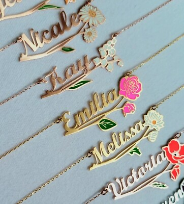 #ad Any Name Necklace Birth Flower Name Necklace Name Plate Necklace Pendant Gift $29.99