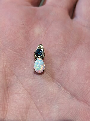 #ad 10K Gold Pear Shaped Opal Blue Topaz Stone Pendant .70 Grams $89.95