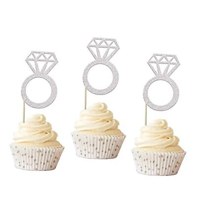 #ad 24 Pack Diamond Ring Cupcake Toppers Glitter Bridal Shower Pattern 2 Silver $15.32