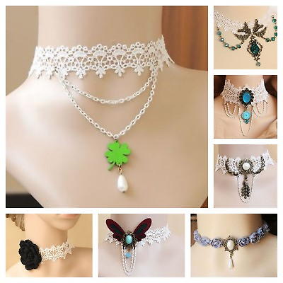 #ad #ad Necklace Choker Lace Jewelry White Pendant Rose Butterfly Gift Costume $9.99