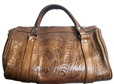 #ad Force Ten Classic Handbag Purse Vintage Handmade Tan Genuine Leather Hand Tooled $18.88