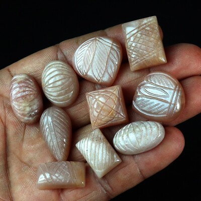 #ad 201 Ct 10 Pcs Natural Peach Moonstone Hand Carved Mix Cab Gemstone Wholesale Lot $20.29