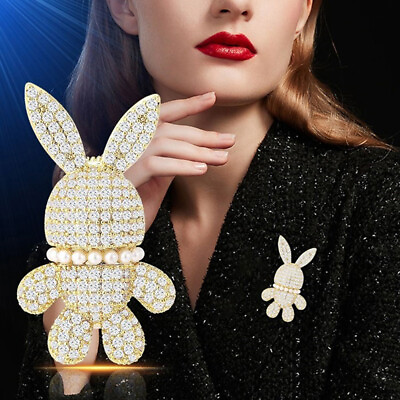 #ad New Fashion Rabbit Brooch Crystal Rhinestone Pearl Animal Lapel Pins for Women h AU $5.43
