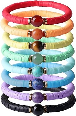 #ad 8 Pcs Colorful Sliced Clay Bracelets Rainbow Stretchy Boho 7 Chakra Beaded set $15.99