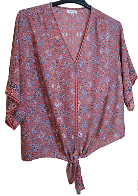 #ad Max Studio Size 1X Tie Front Pullover Top Kimono Sleeve Floral Geometric $12.98