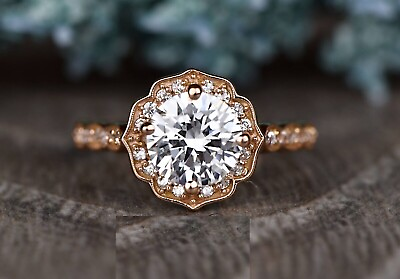 #ad 2ct Round Cut Real Moissanite Ring 14k Rose Gold Plated Stylish Floral $159.39