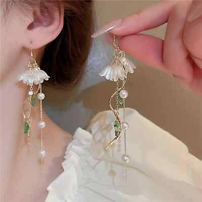 #ad NWT Flower Leaf Earrings with Faux Pearl Long Tassel Earrings $27.00