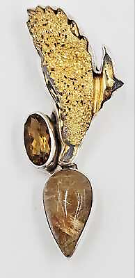 #ad Amy Kahn Russell Sterling Gold Drusy Reticulated Quartz Citrine Brooch Pendant $295.00