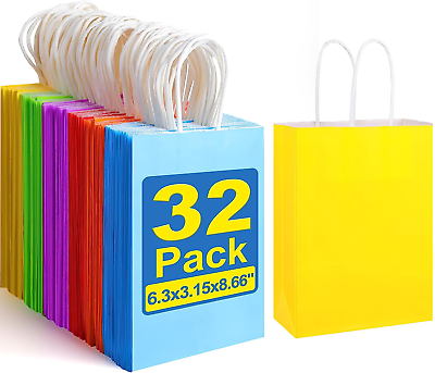 #ad #ad 32 Pieces Paper Gift Bags Kraft Paper Party Favor Bags Bulk with Handles 6 Color $14.04
