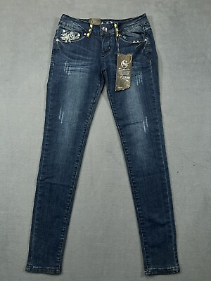 #ad NWT LA STAR Miss Chic Jeans Y2K Size 3 Womens 29x31 Blue Embellish Bling Skinny $20.99
