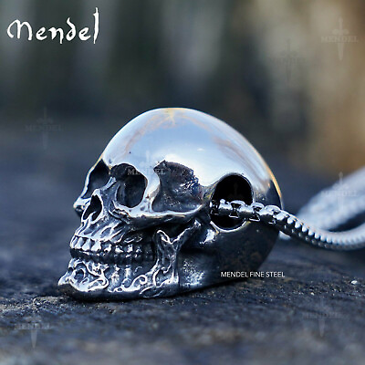 #ad MENDEL Gothic Mens Biker Skull Pendant Necklace Men Stainless Steel Chain Silver $11.99