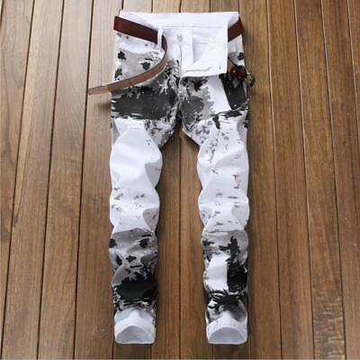 #ad Mens Fashion White Black Straight Leg Casual Jeans Printed Comfort Denim Pants $51.66
