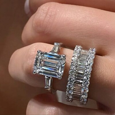 #ad 11*15mm Princess AAA Cz Band 2 in 1 Women#x27;s 925 Silver Wedding Rings Set Sz 6 10 $10.49
