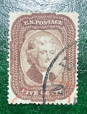 #ad Scott 29 5c Jefferson Brown Type I XF Used Red and Black Town CDS PF Certified $275.00