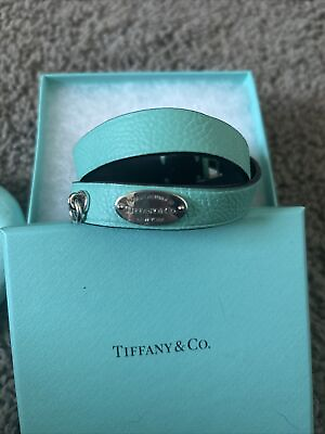 #ad New Tiffany amp; co Double Wrap Blue leather bracelet in sterling silver Size L XL $250.00