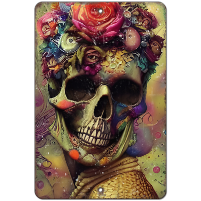 #ad Calavera Sugar Skull Flowers Metal Sign Day Of The Dead Sign Spanish Gift $21.59