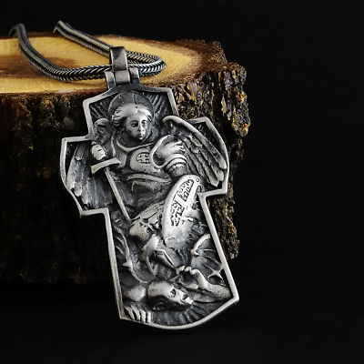 #ad Saint Michael Archangel Silver Cross Necklace Men#x27;s Christian Religious Jewelry $149.90