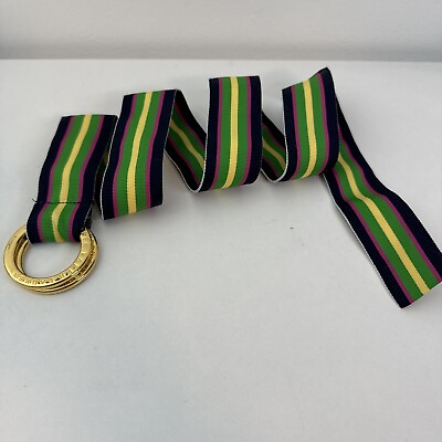#ad LRL Ralph Lauren Fabric Ribbon Belt Multicolor Stripe Gold Logo Buckle 37” Long $11.20