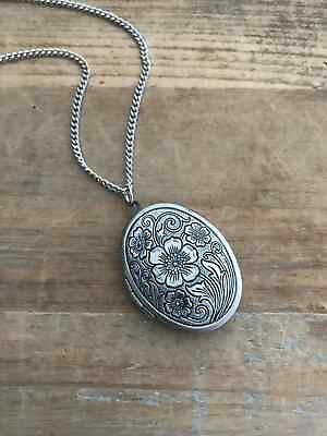 #ad Antique Silver Picture Locket Necklace Pendant Engraved Floral Ball Chain $12.99
