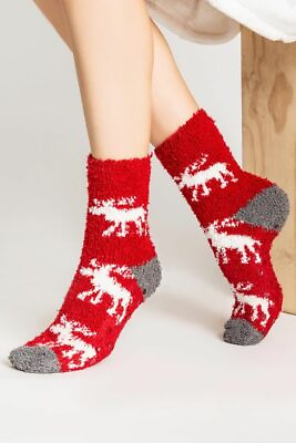 #ad NWT PJ Salvage Red Plush Slipper Socks Ivory Moose Christmas Holiday One Size $15.11