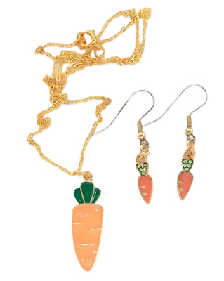 #ad Funky CARROT NECKLACE EARRINGS SET Easter Bunny Rabbit Garden Vegan Food Jewelry $9.97