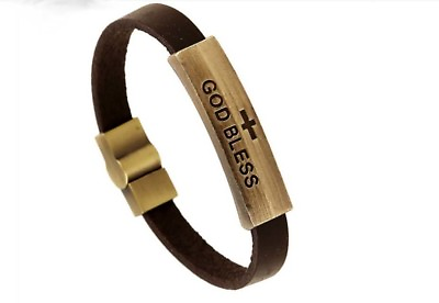 #ad Christian Religious quot;God Blessquot; Jesus Genuine Leather Strap Unisex Bracelet $19.99