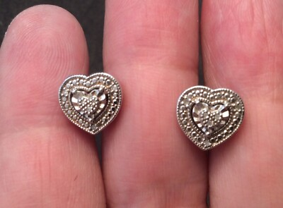 #ad Pretty Sterling Silver Signed Round Pave Diamond Ladies Heart Stud Earrings $32.30