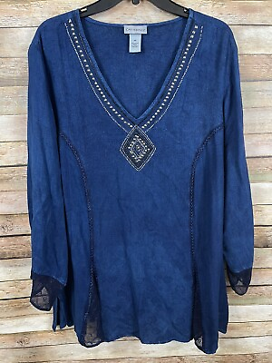#ad Catherines Women#x27;s 2X Embellished Embroidered Long Sleeve Blouse Top Tunic $22.99