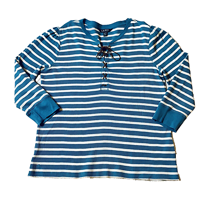#ad #ad Lauren Ralph Lauren Waffle Knit Drawcord Top Shirt Blue Cream 3 4 Sleeve Size XL $18.88