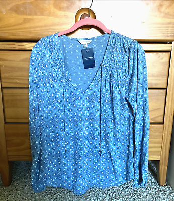 #ad Lucky Brand Top Womens M Floral Blue Long Sleeve Bohemian Style Top NWT $48.99